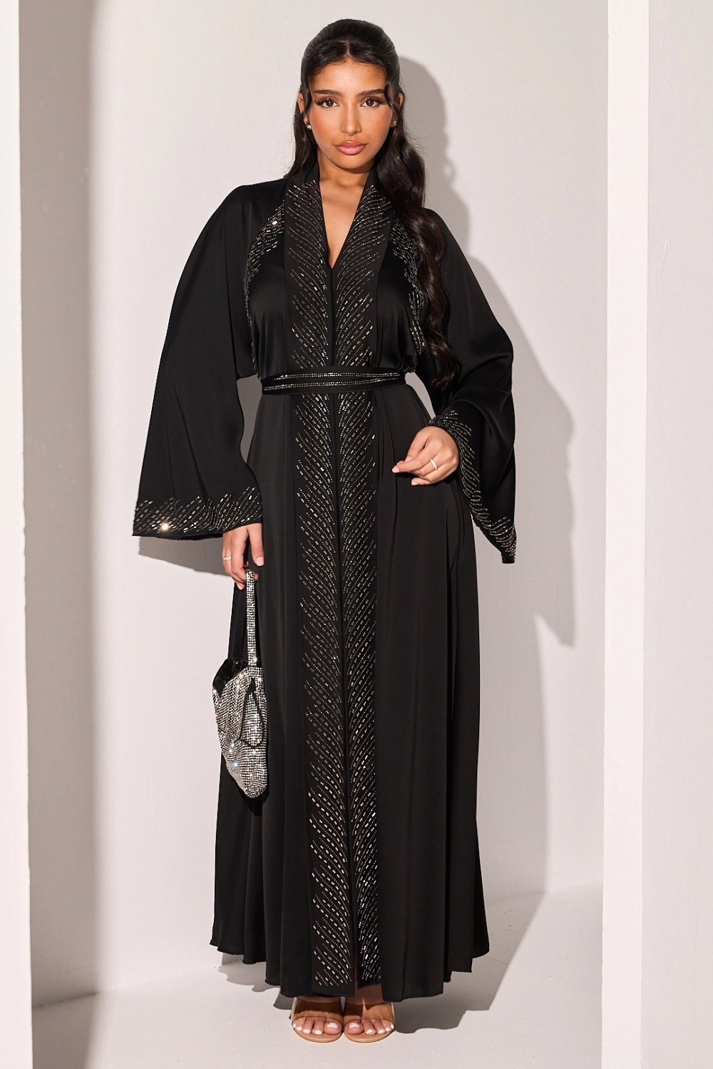 Black abaya with rectangle rhinestone stripes