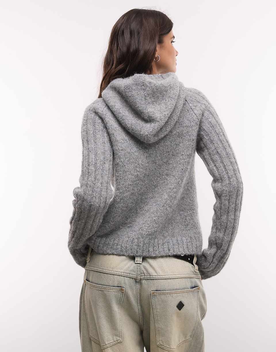 Gilet zippé à capuche en mélange de laine gris chiné
