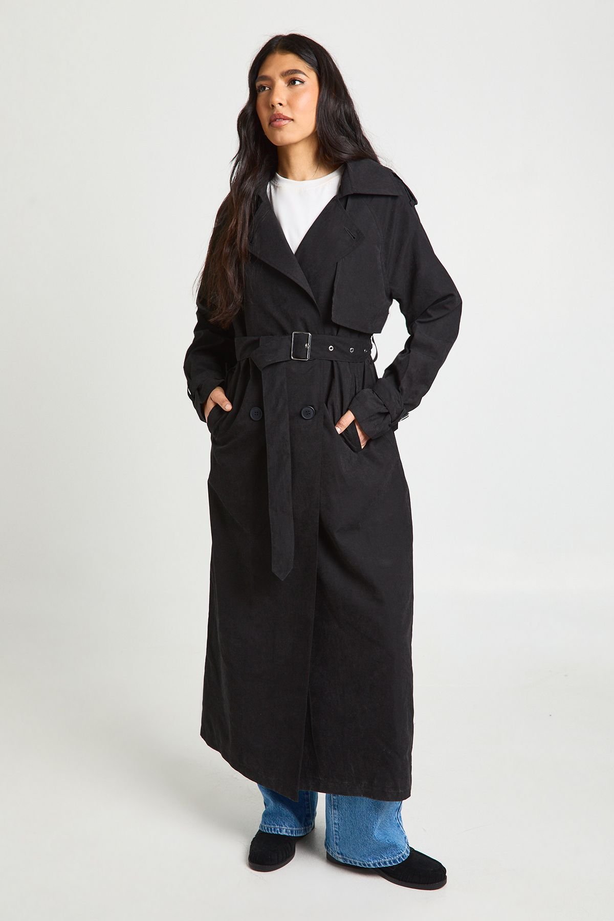 Trench long oversize croisé effet peau de pêche