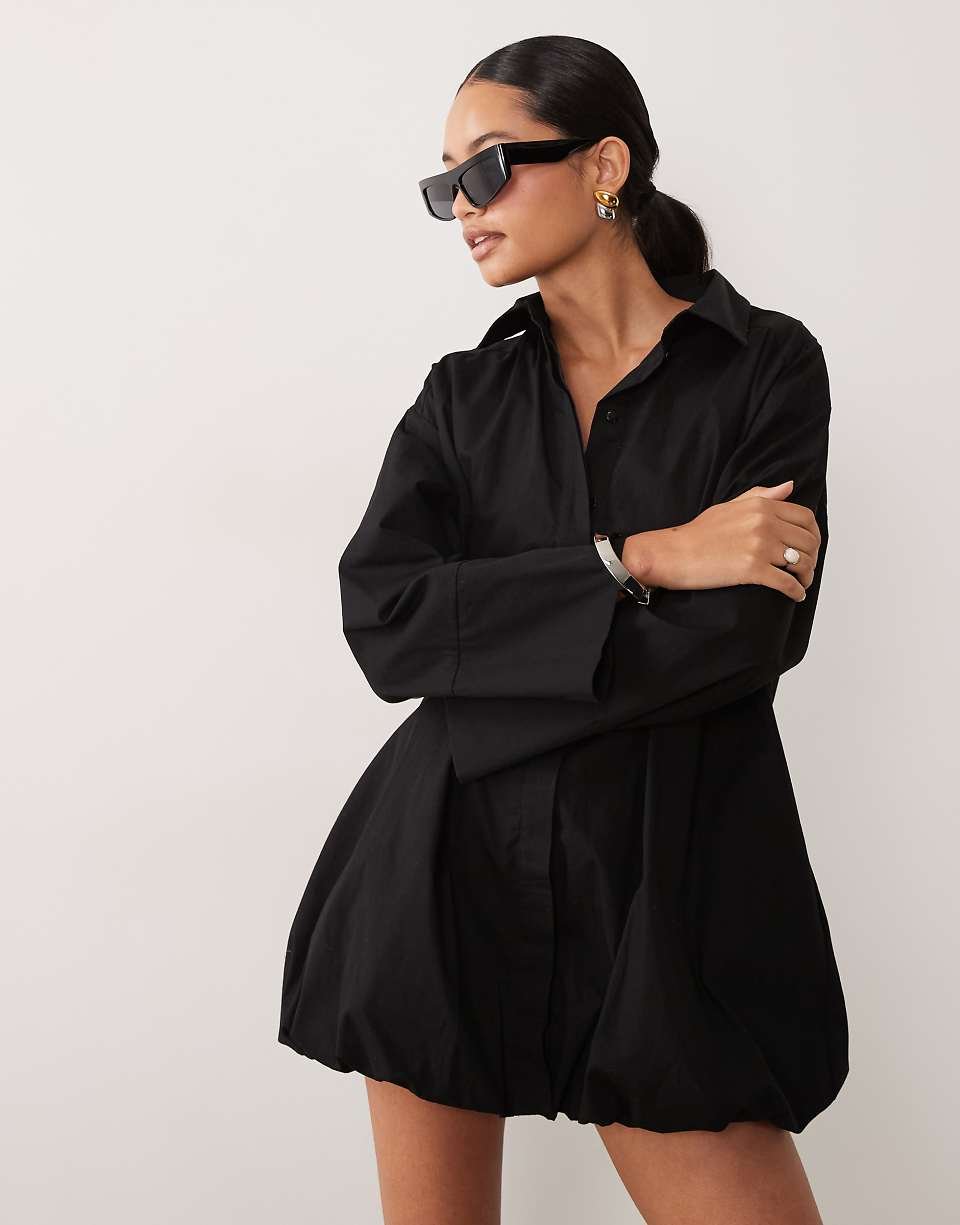 Robe chemise courte à poignets larges et ourlet boule - Noir