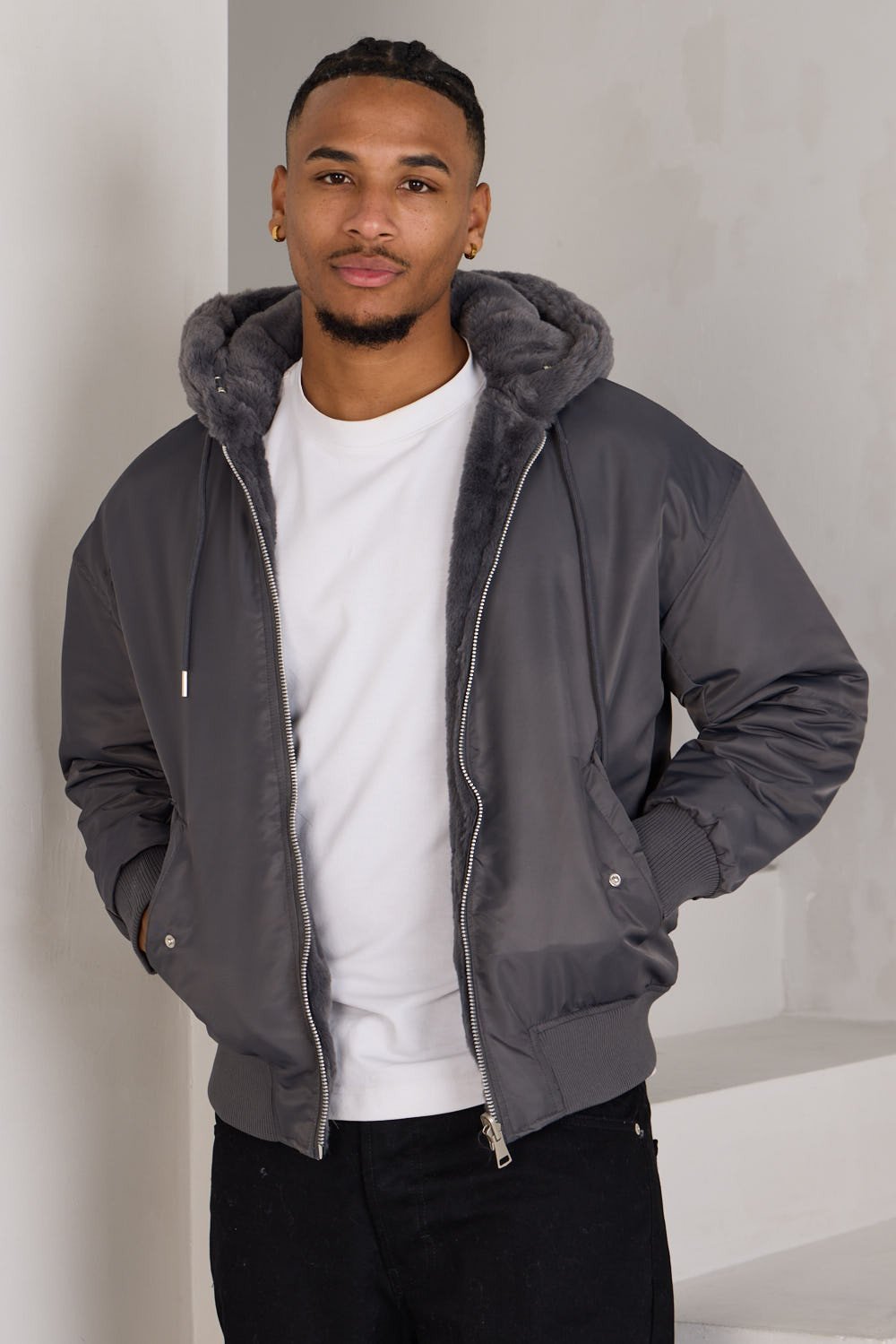 Grey reversible faux fur puffer jacket