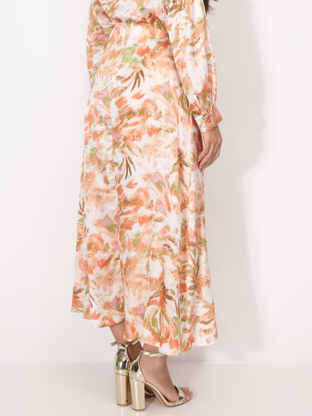 Orange flowing maxi skirt with gold print