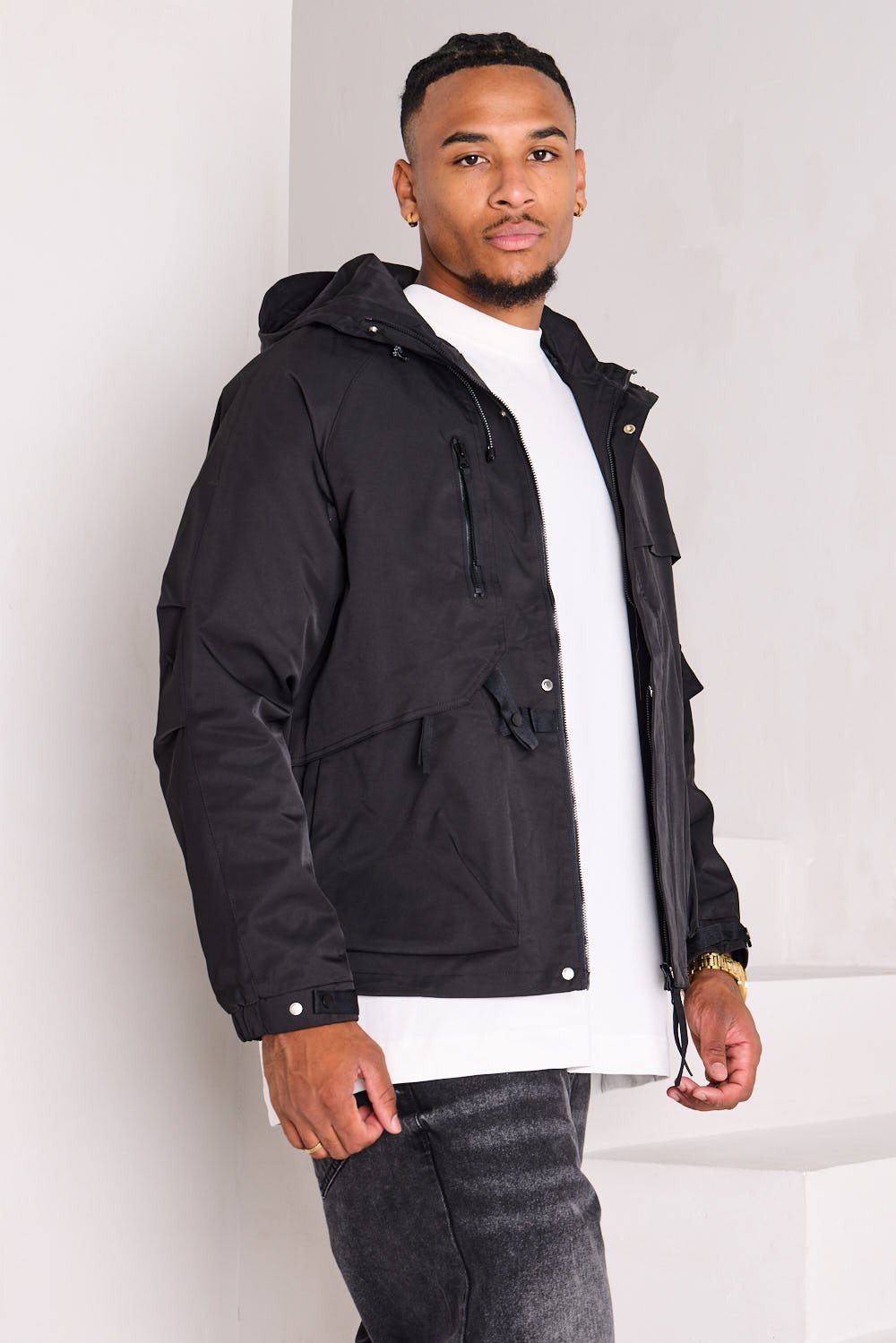 Black hooded canvas jacket