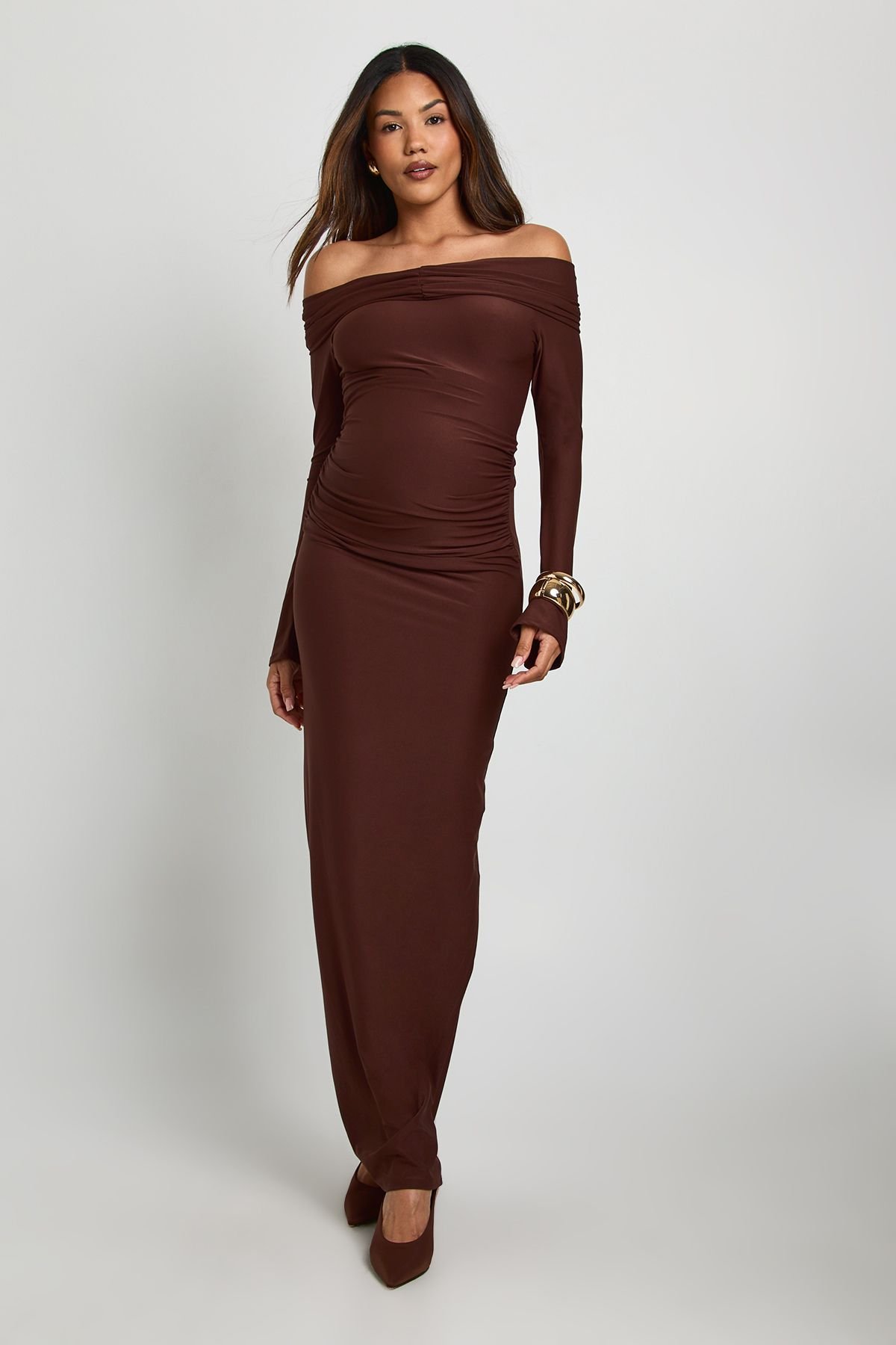 Robe maxi Bardot à manches évasées froncées - Maternité