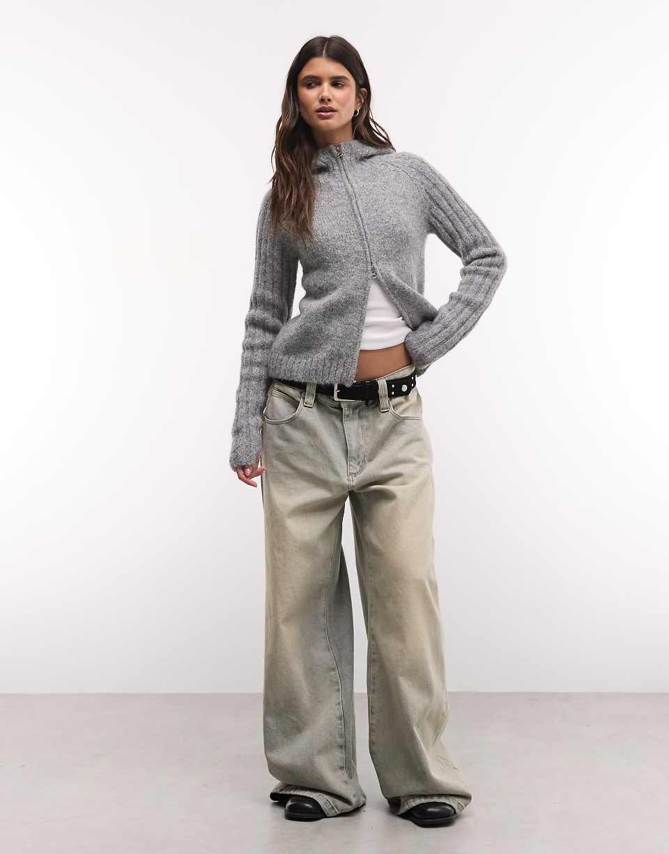 Gilet zippé à capuche en mélange de laine gris chiné