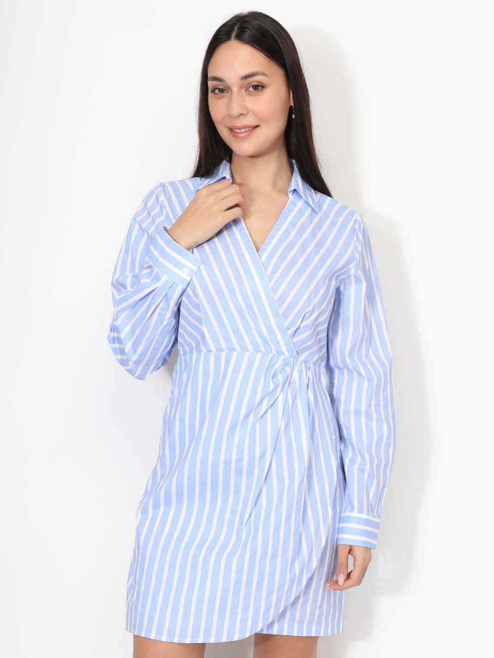 Light blue striped cotton wrap shirt dress