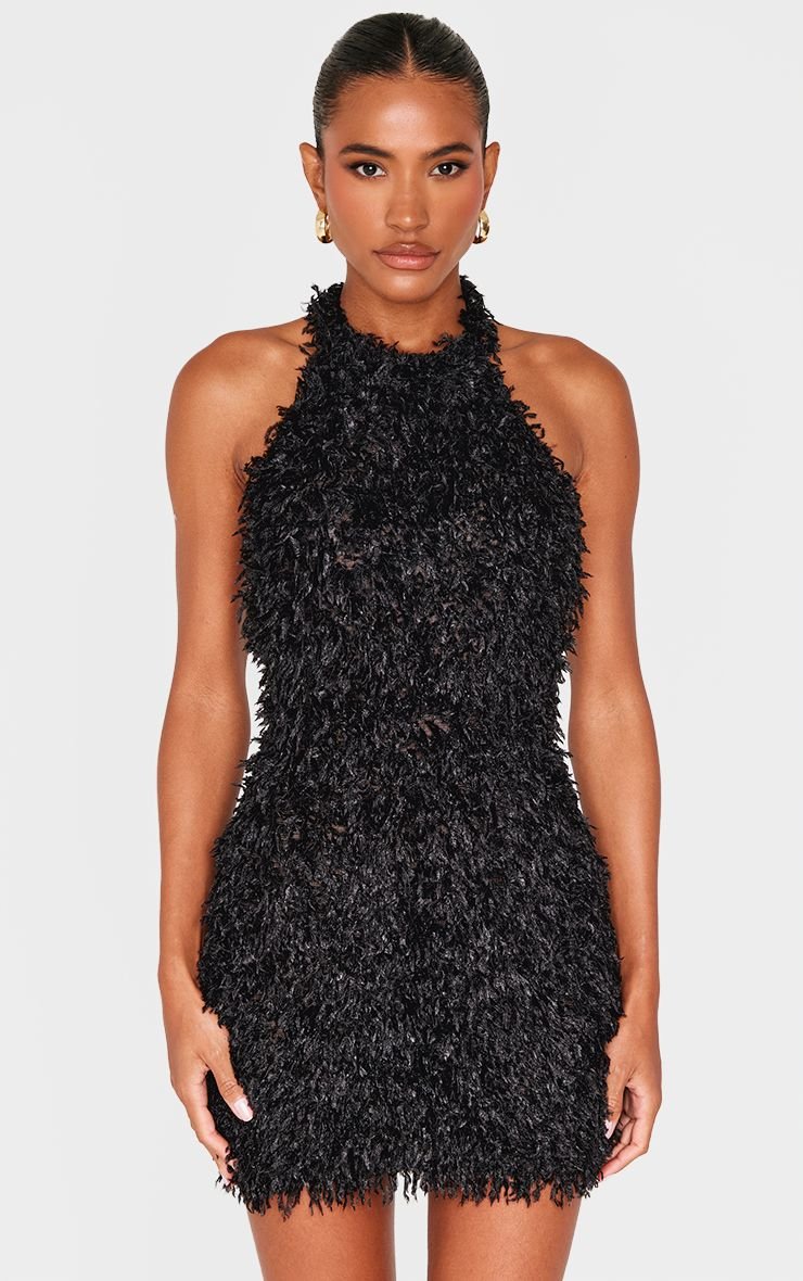 Robe Mini Col Licou Noire À Fausses Plumes