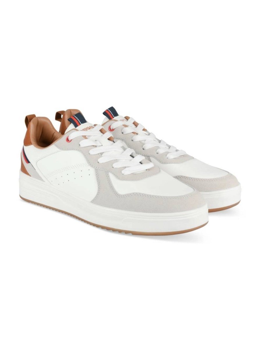 White retro sneakers with tan heel tab