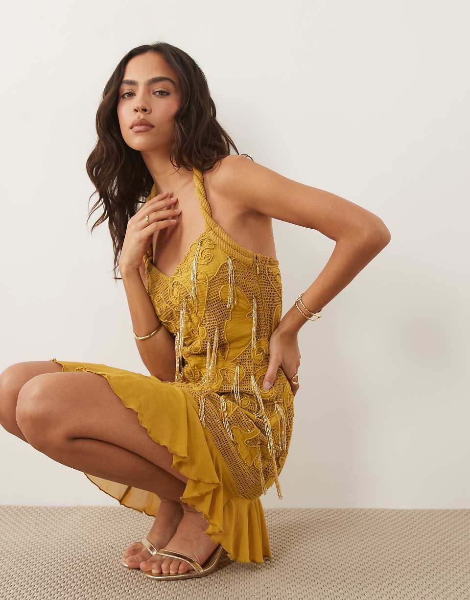 Robe courte dos nu à sequins et franges - Olive