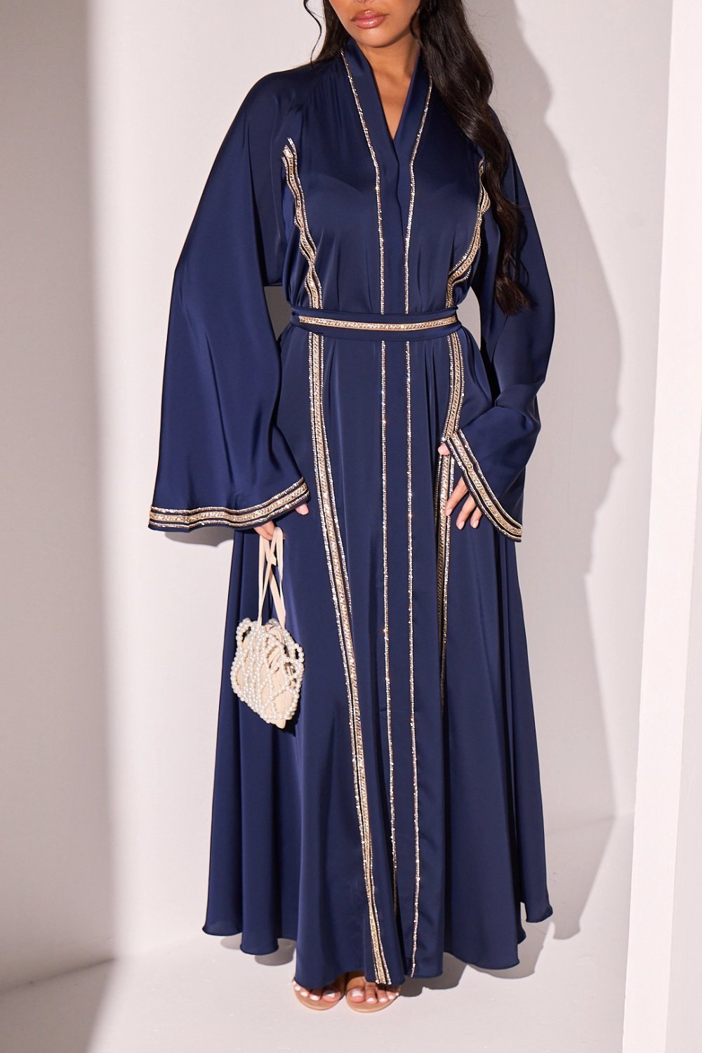 Dark blue abaya with two-tone rhinestone bands