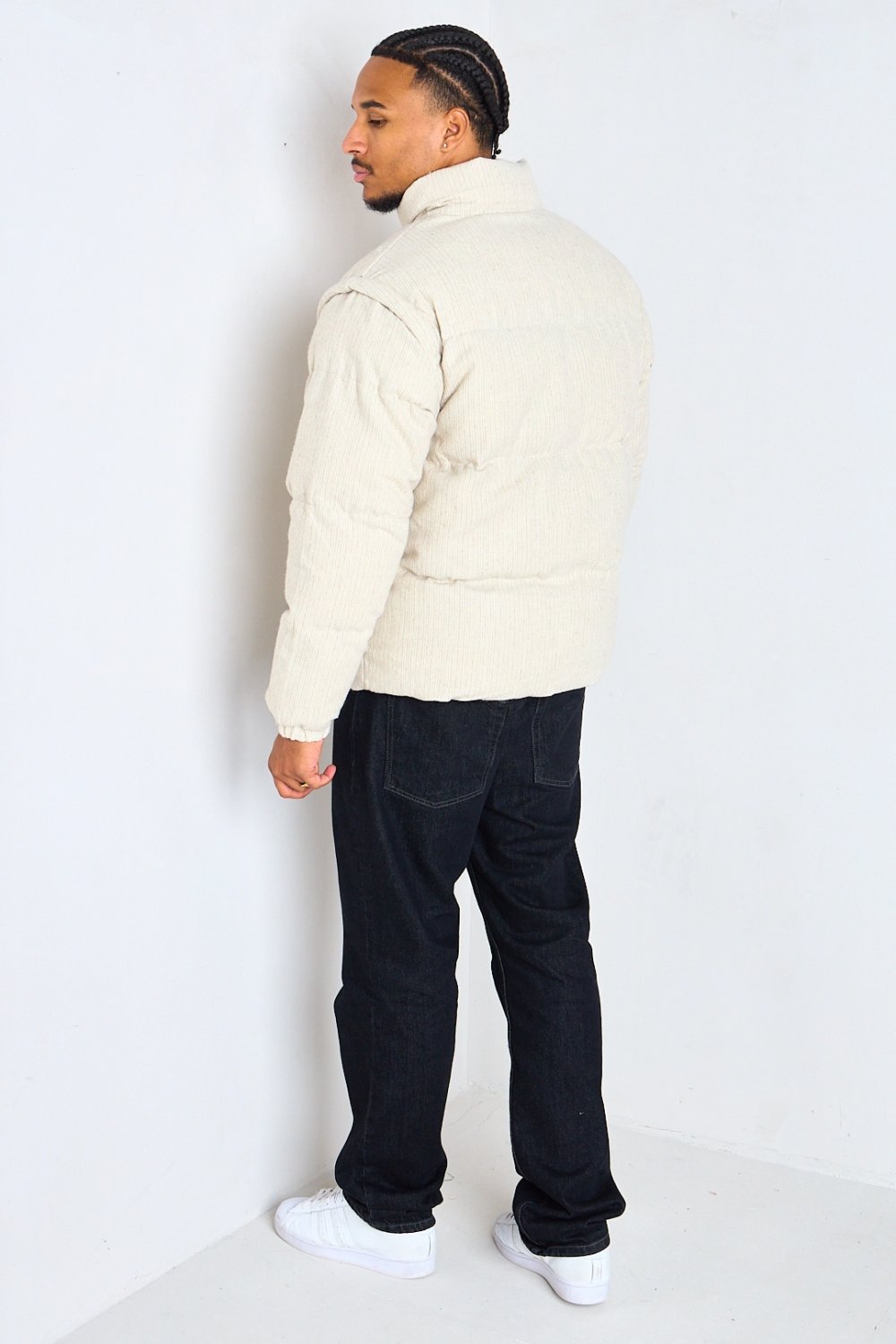 Beige striped padded jacket with high neck