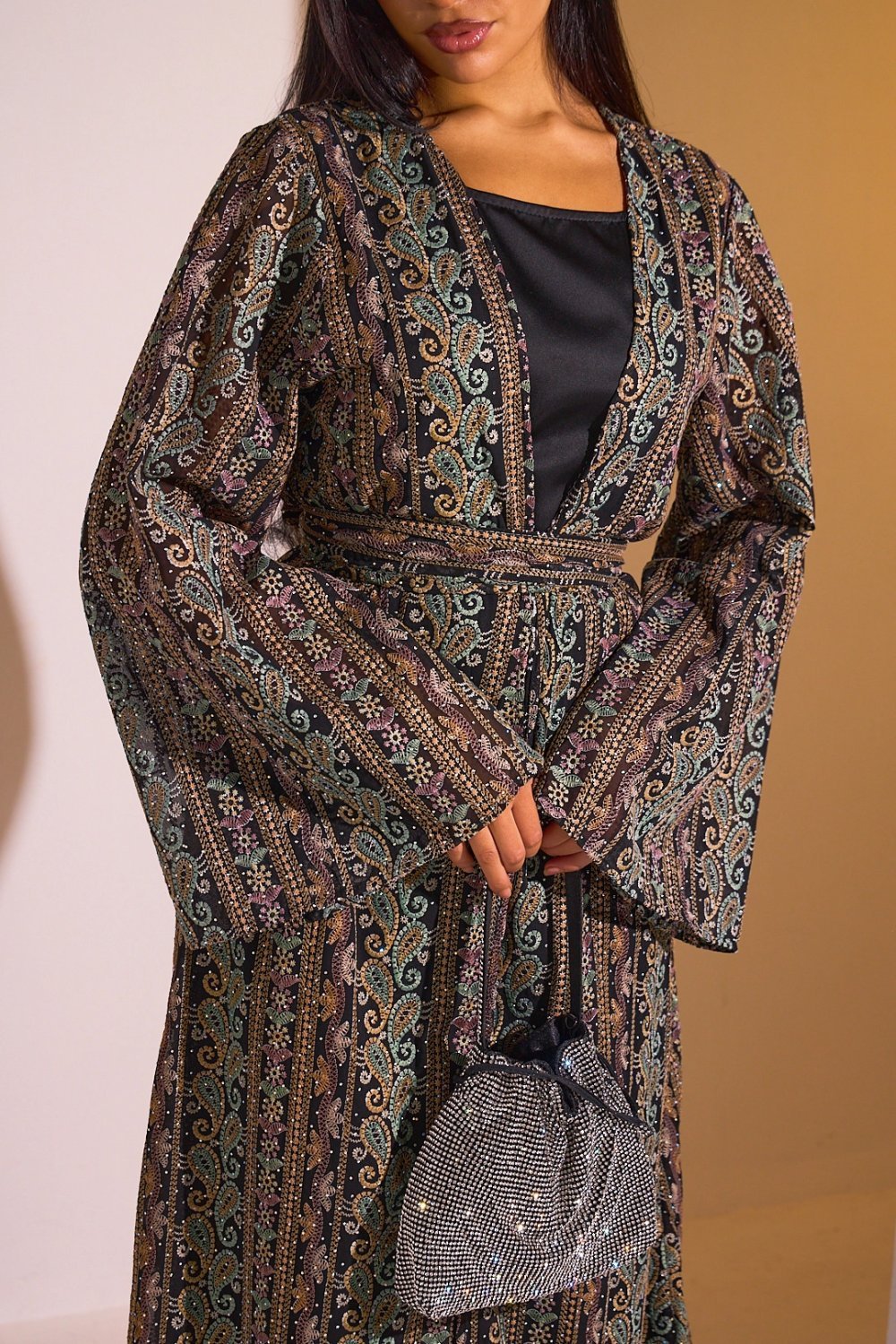 Black abaya and multicoloured kimono set