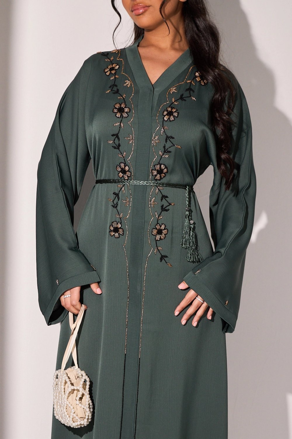 Abaya à strass en fleurs vert-gris