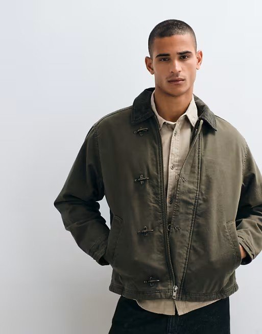 Veste worker zippée en toile avec fermoirs métalliques - Kaki