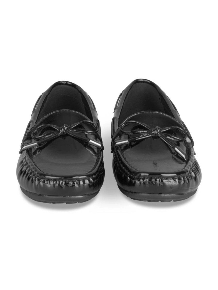 Black patent loafers with bow