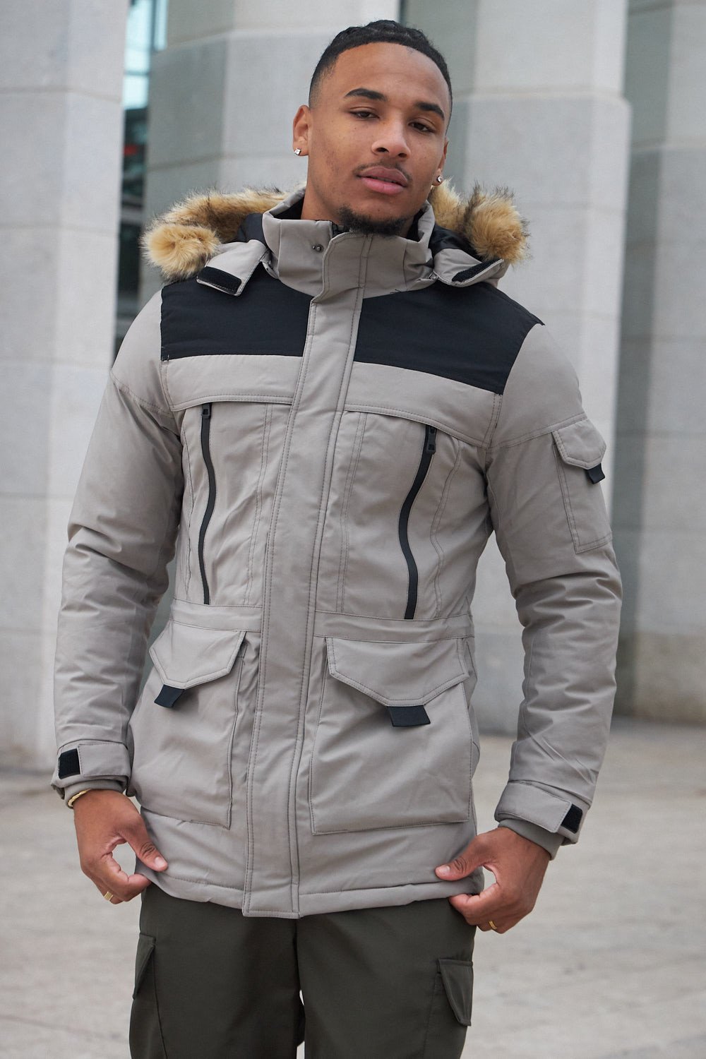 Beige waterproof parka with fur hood