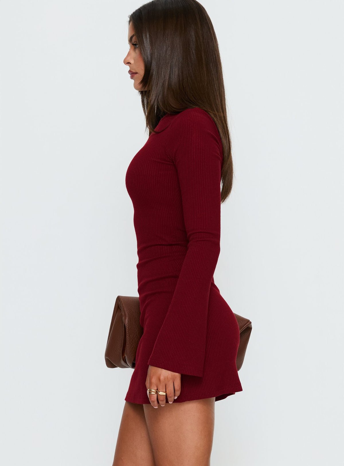 Ribbed long sleeve mini dress, flared hem