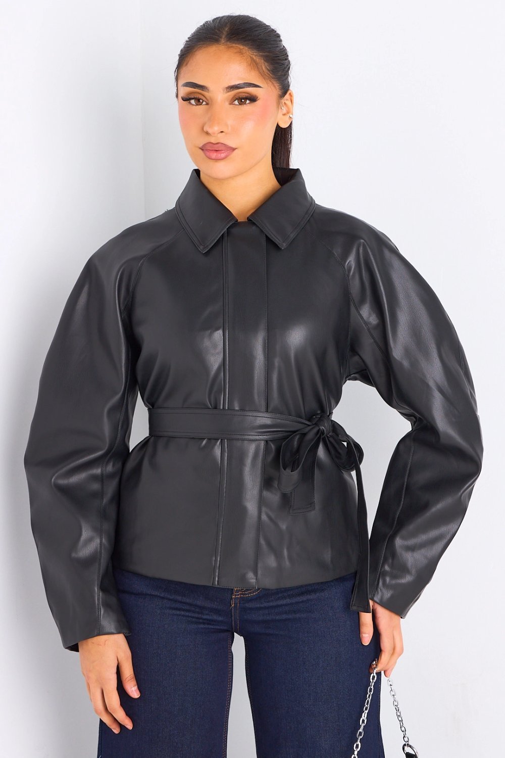 Black belted faux leather jacket