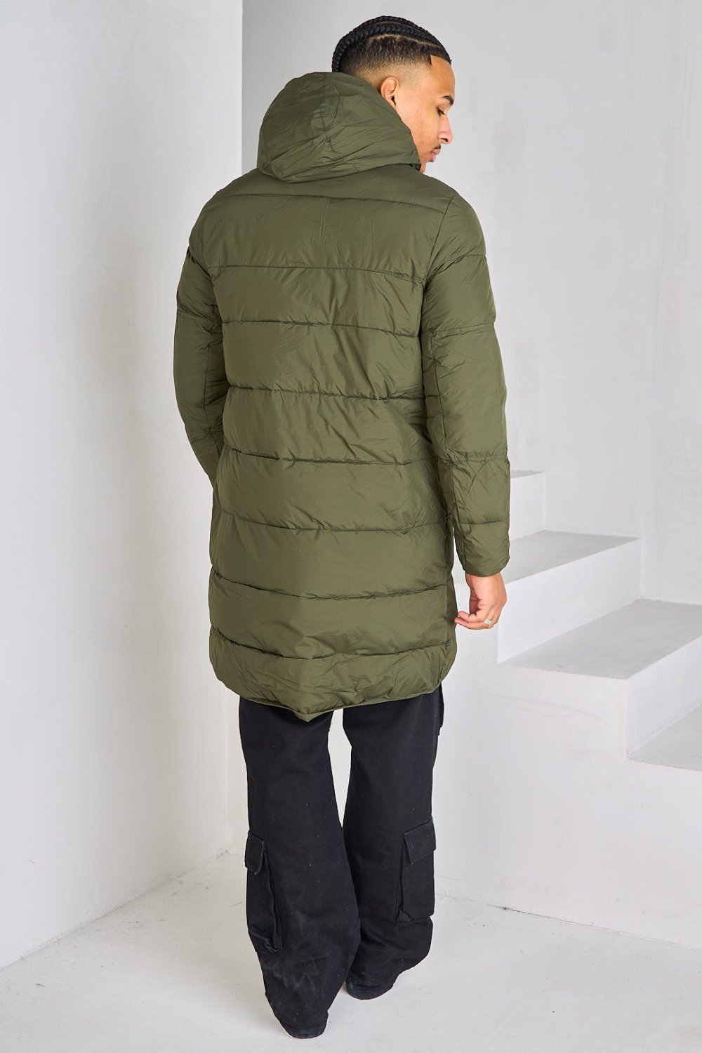 Khaki long quilted puffer jacket with hood