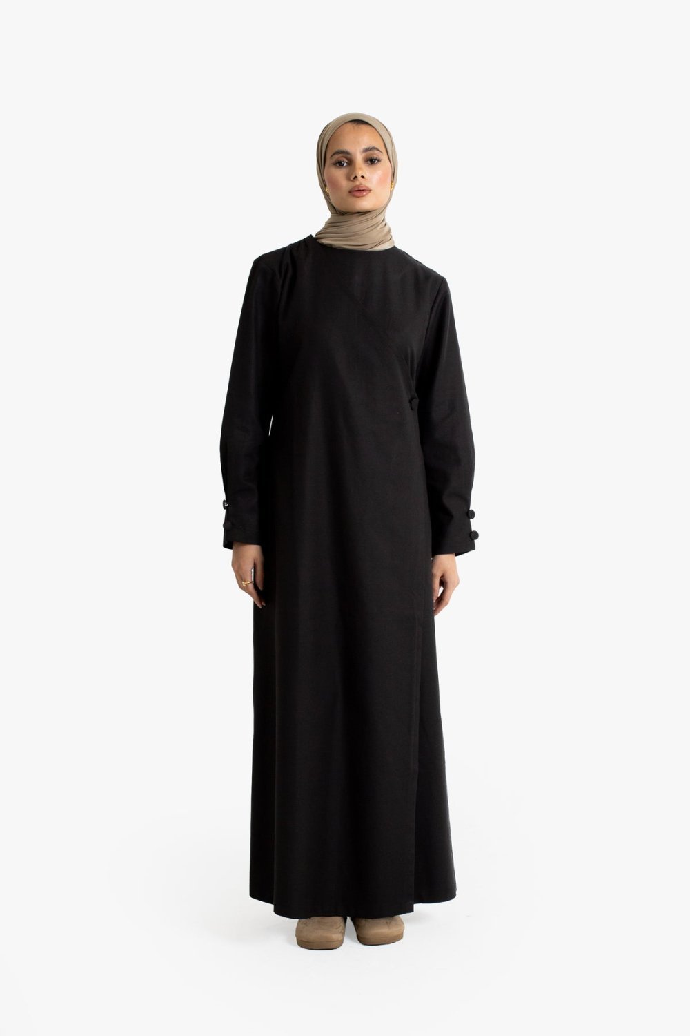 Cotton Tencel side-button wrap dress - Black