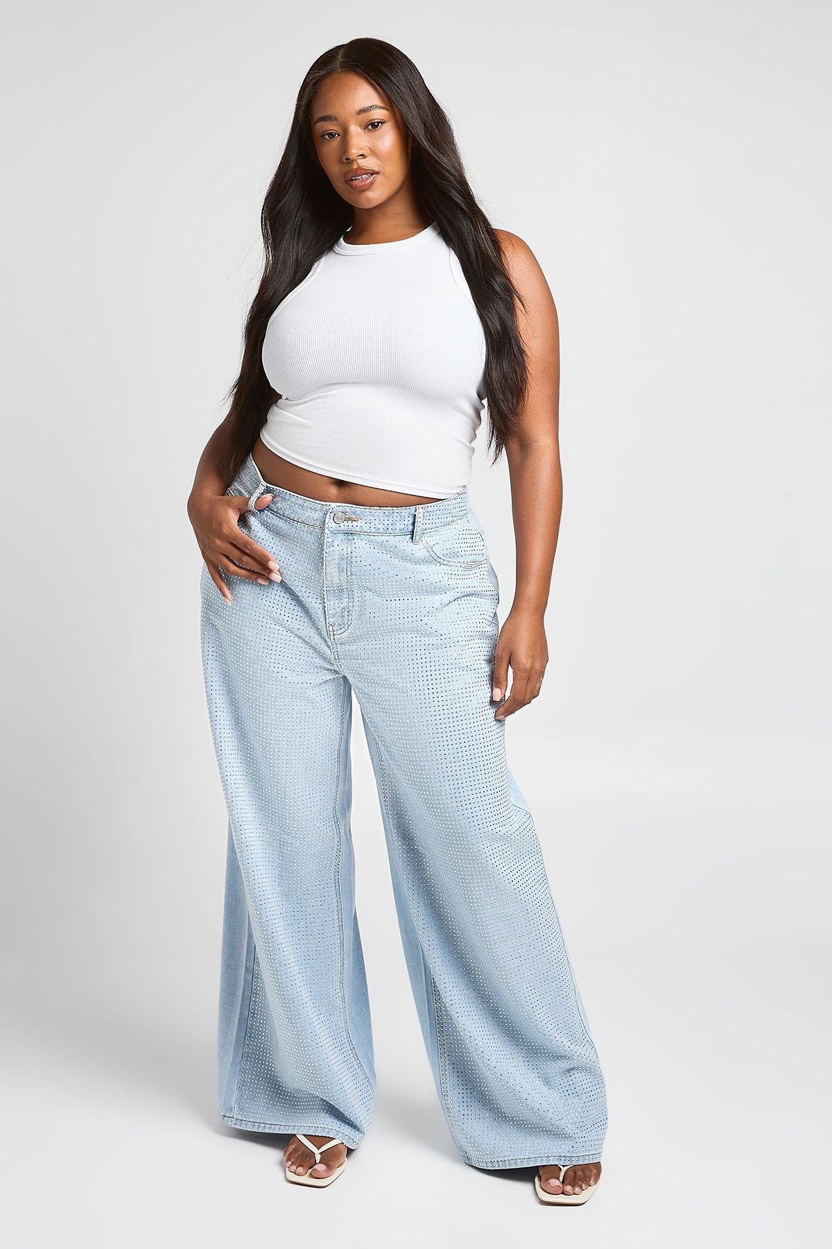 Jean large taille haute orné de strass - Grande taille
