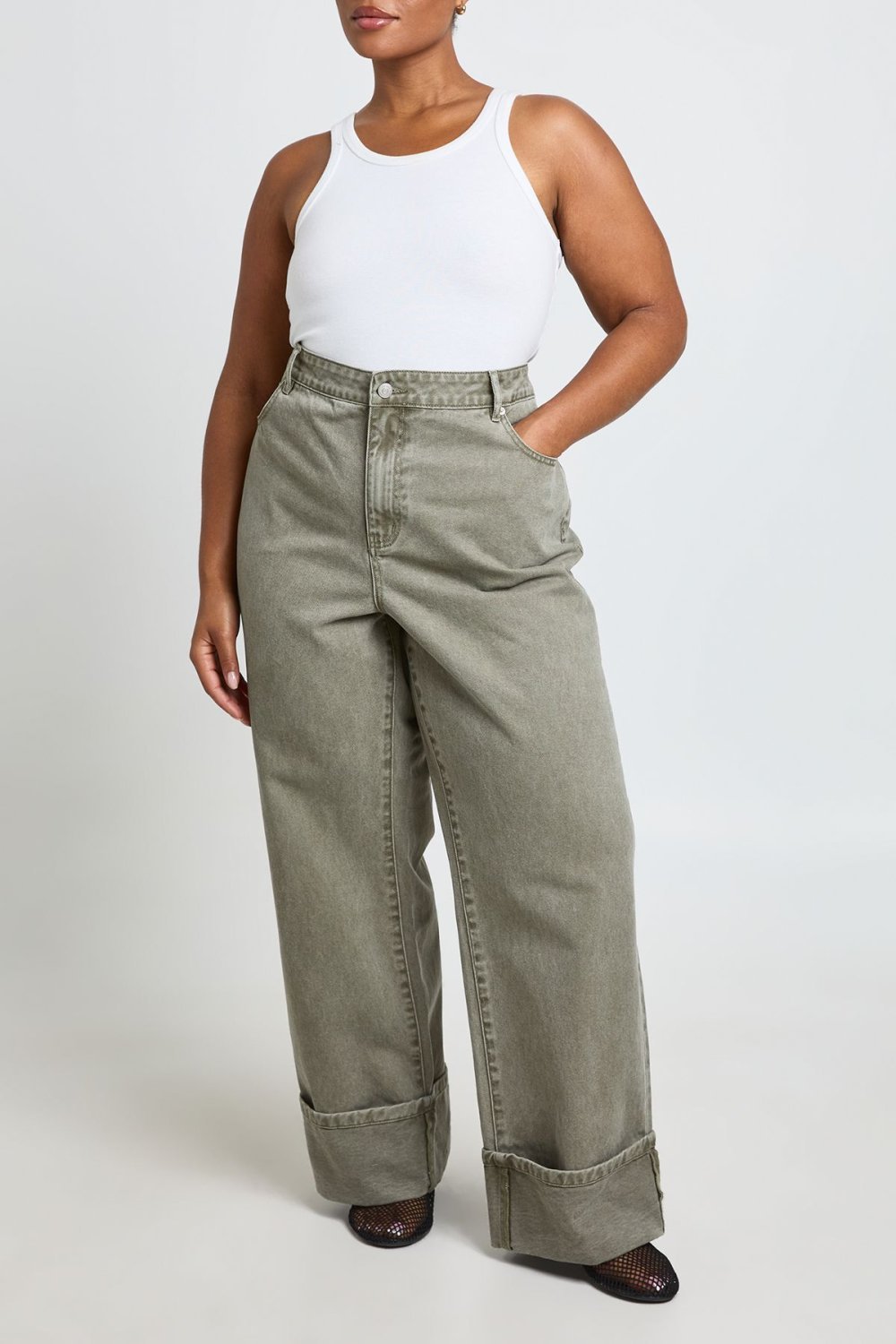 Khaki high-waisted straight leg jeans - Plus size