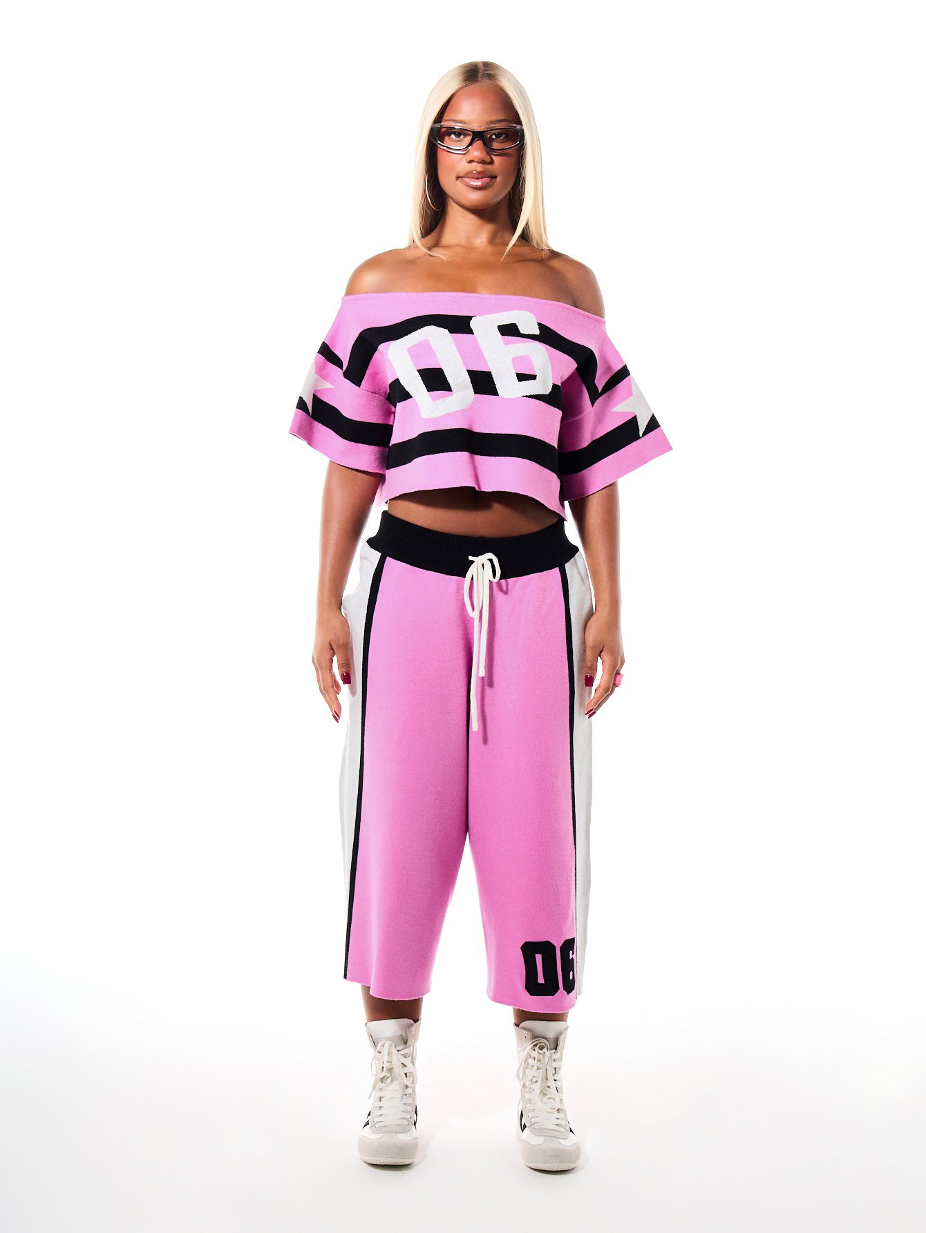 Striped off-the-shoulder knit crop top with number