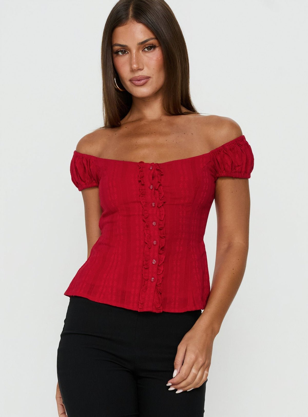 Off-shoulder button-up frill top