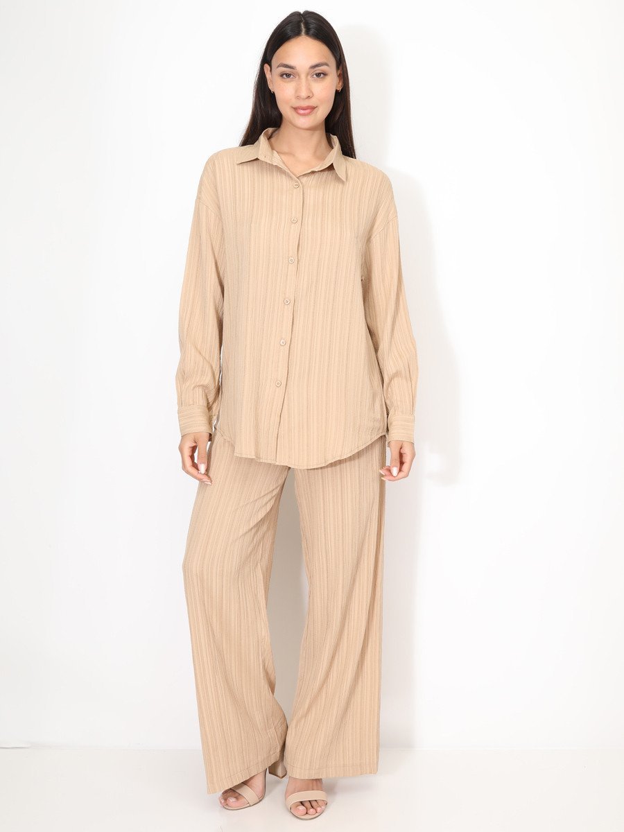 Taupe pleated long shirt and trousers set