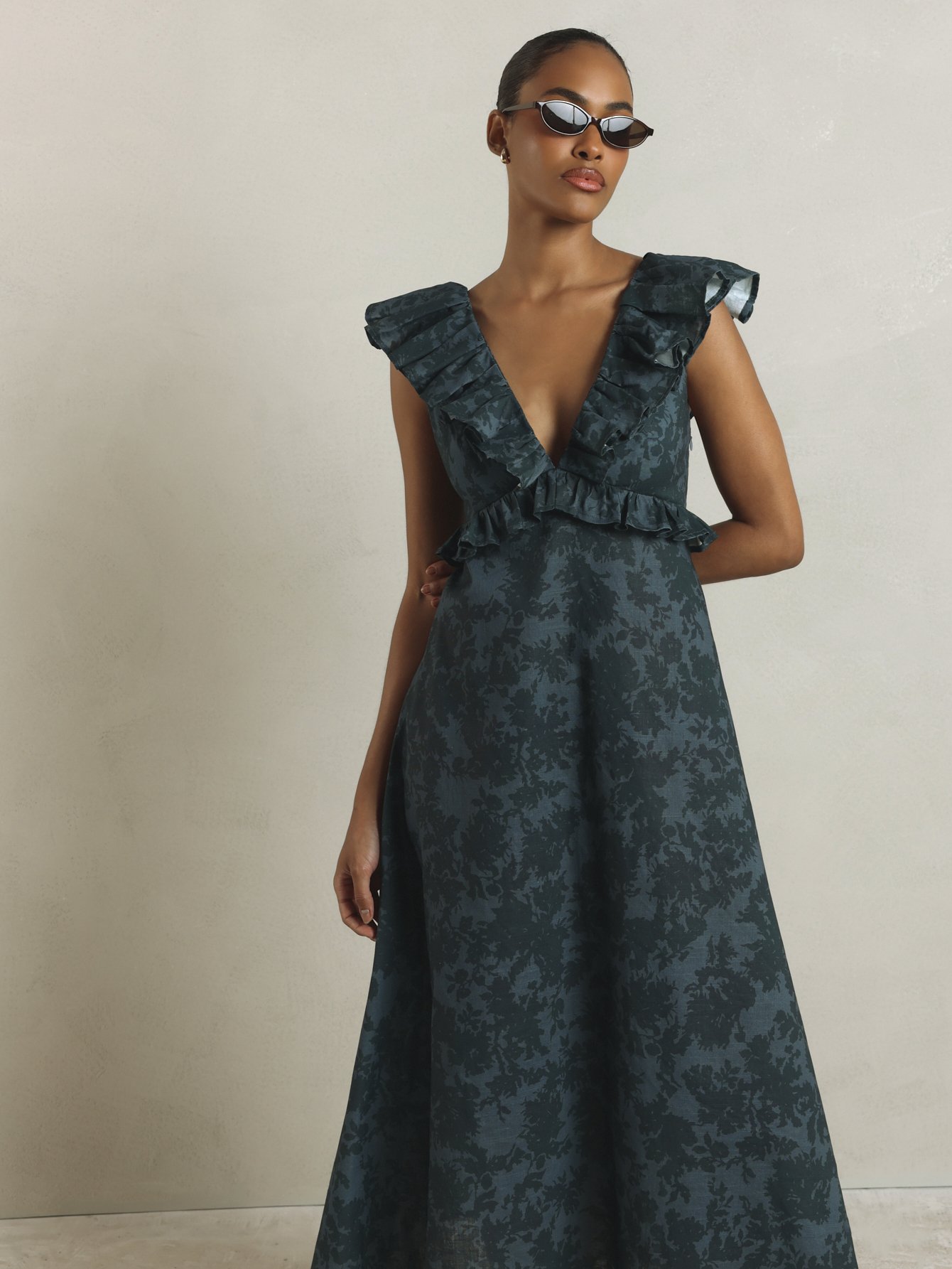 Floral jacquard midaxi dress with plunge neckline