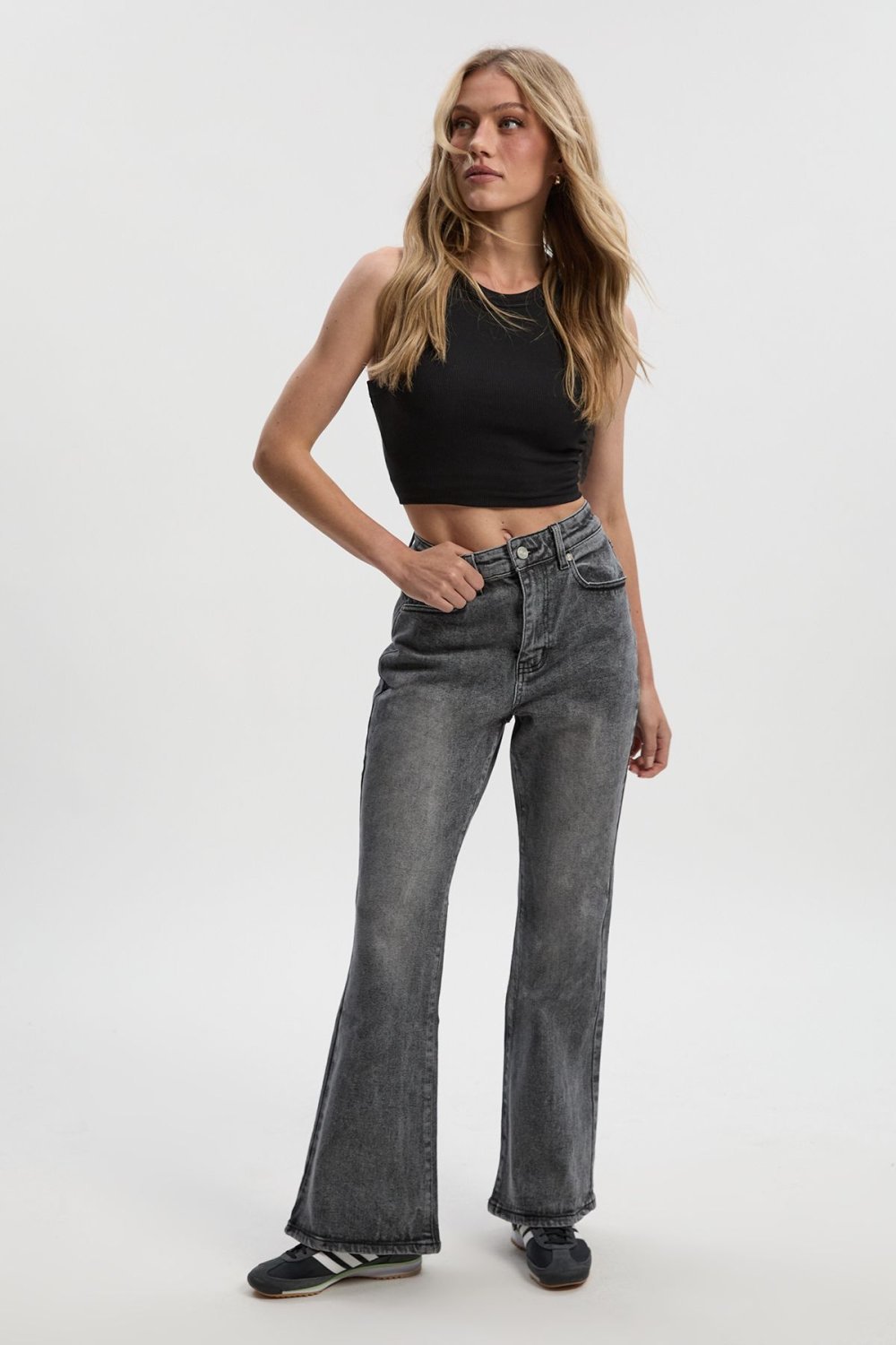 Grey high-waisted flared jeans - Petite