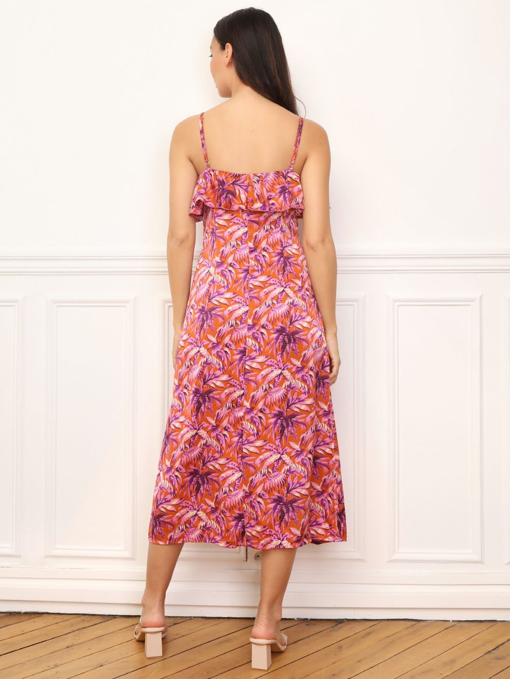 Orange palm print maxi dress with ruffles