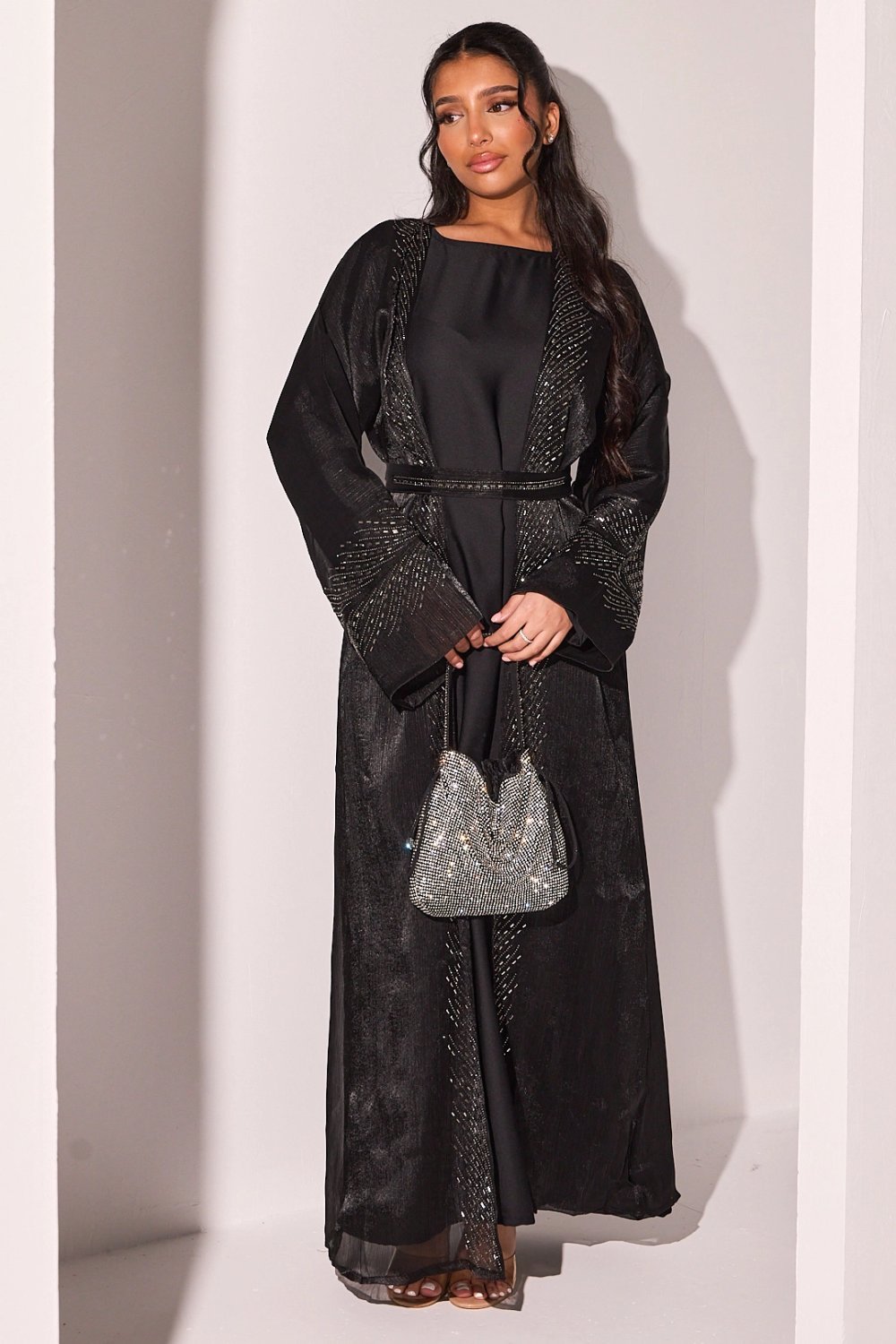 Black abaya and sheer kimono set with rhinestones