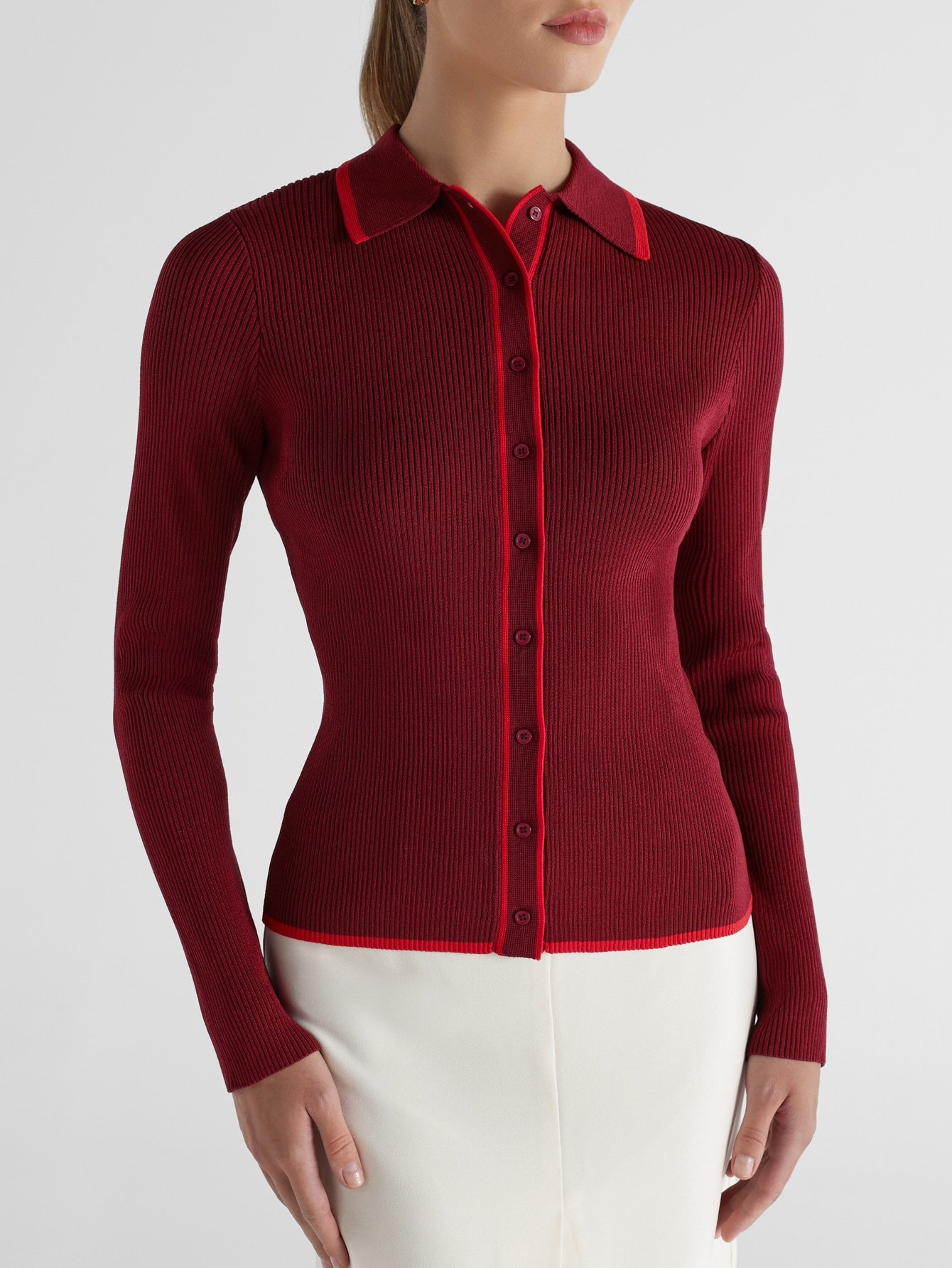 Cardigan À Boutons En Tricot Côtelé Avec Col Polo Et Bordure Contrastée