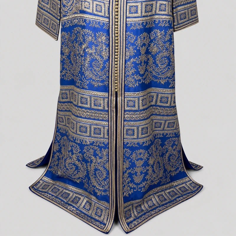 Blue brocade caftan with gold motifs
