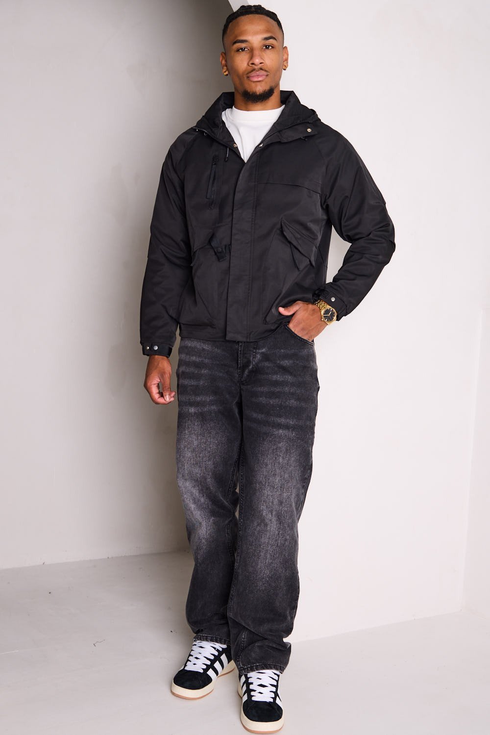 Black hooded canvas jacket
