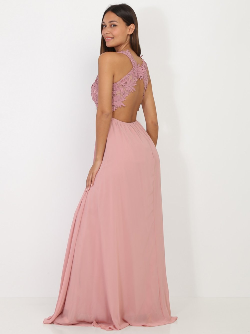 Dusty pink embroidered beaded tulle maxi dress