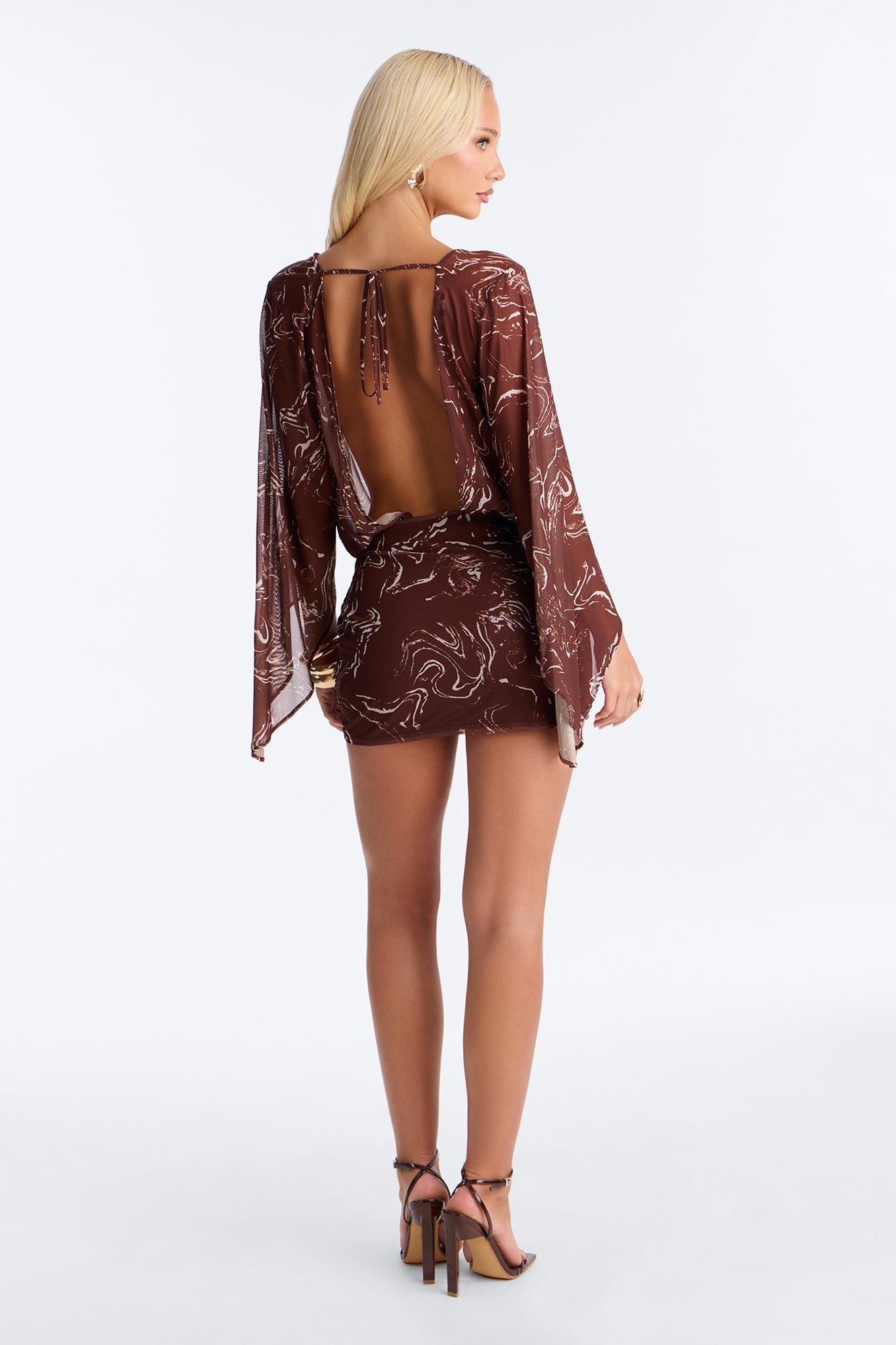 Long sleeve open back mesh mini dress