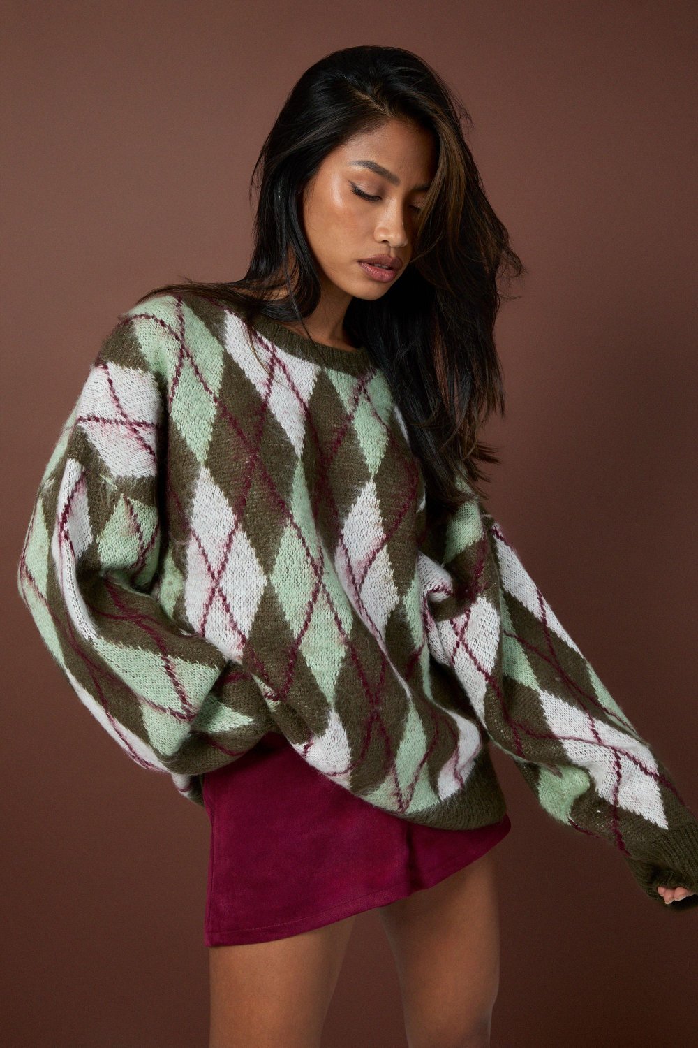 Pull oversize b losanges, kaki