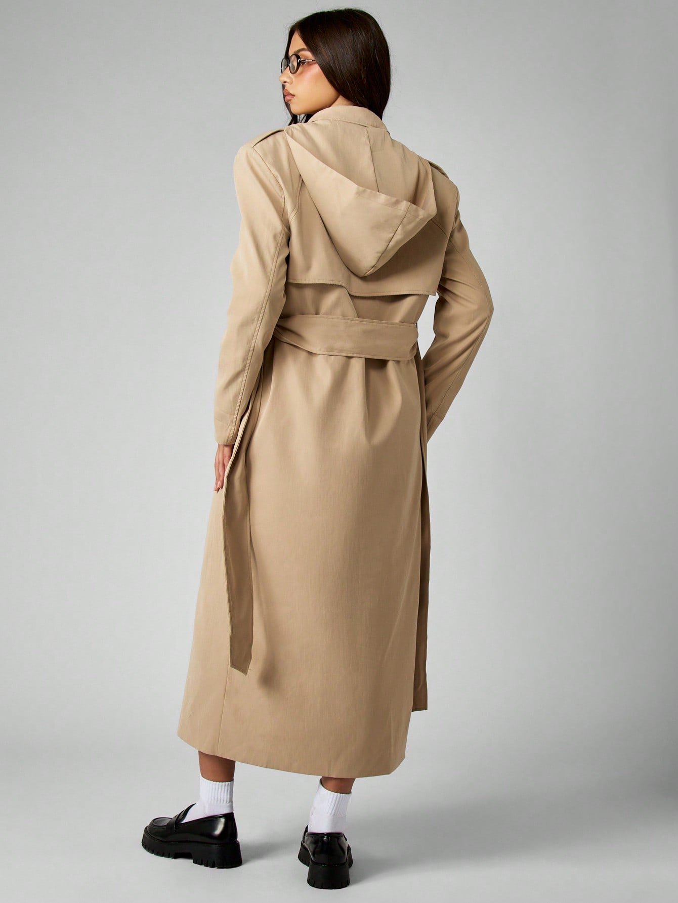 Oversize double-breasted trench coat with hood and belt