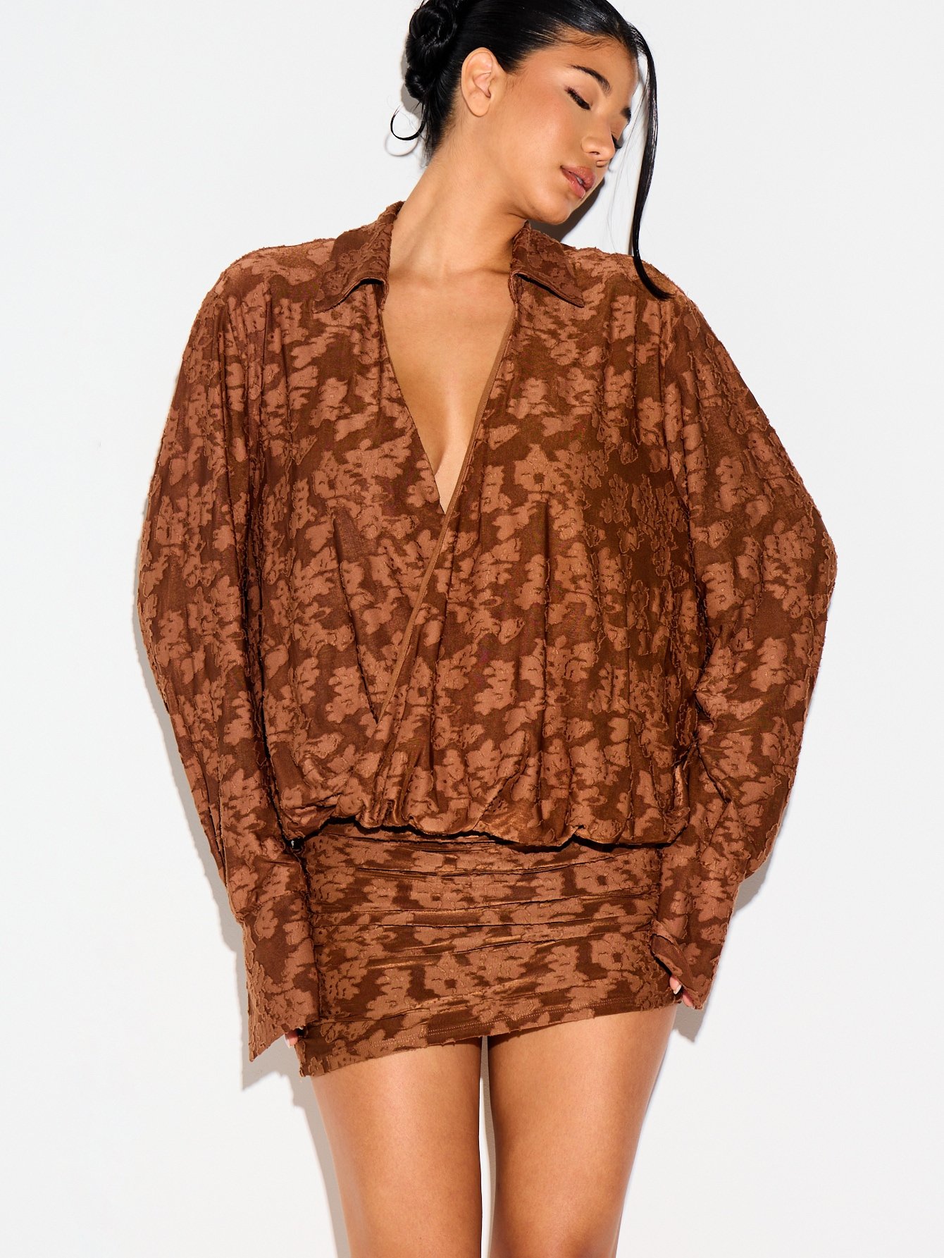 Draped Mini Shirt Dress With Floral Texture