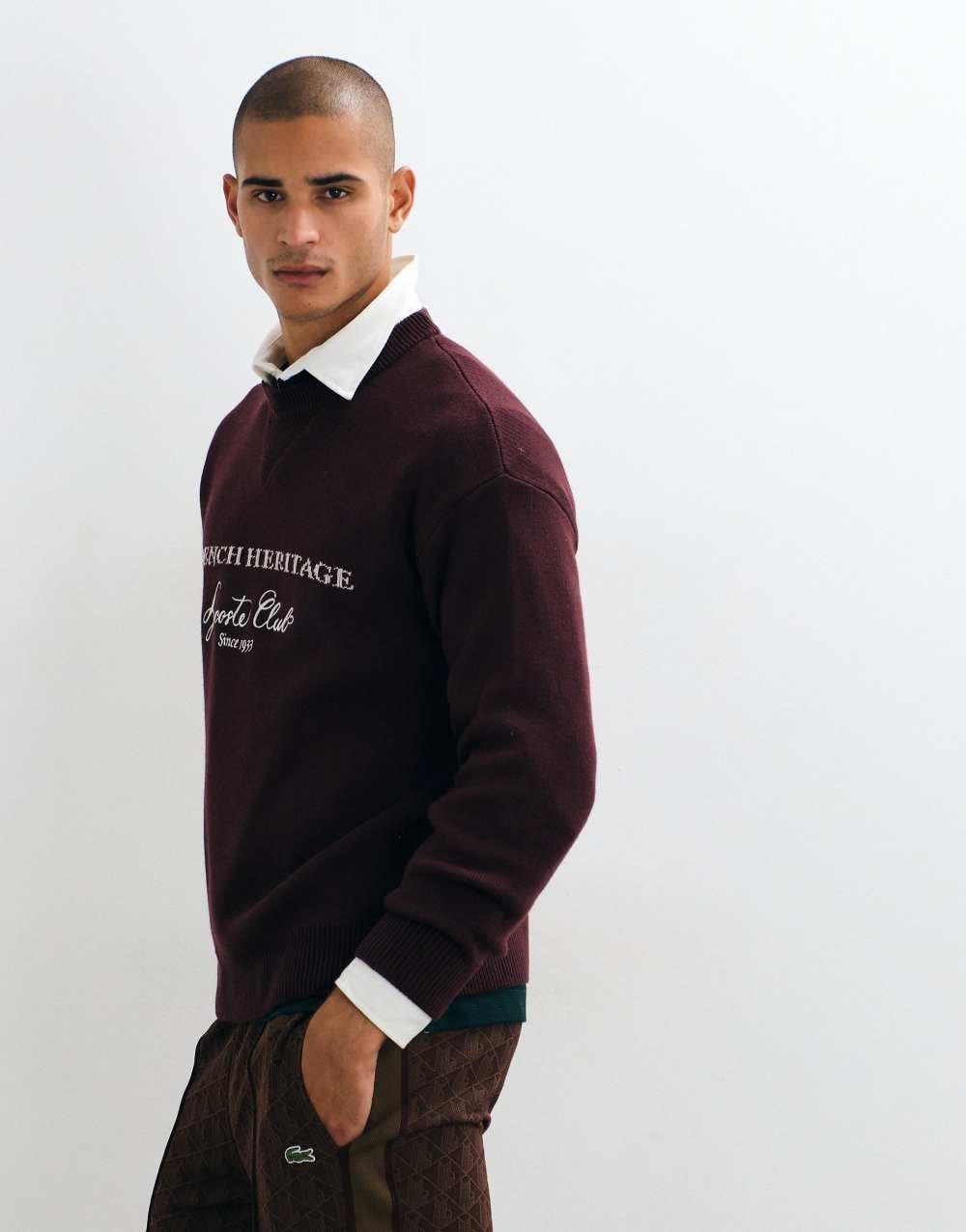 Wool blend jacquard jumper in burgundy