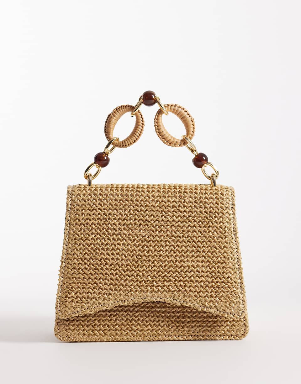 Sac en paille avec bandoulière amovible et poignée supérieure en résine - Naturel