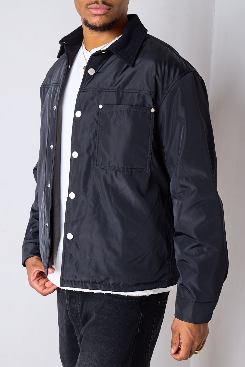 Black satin bomber jacket with buttons