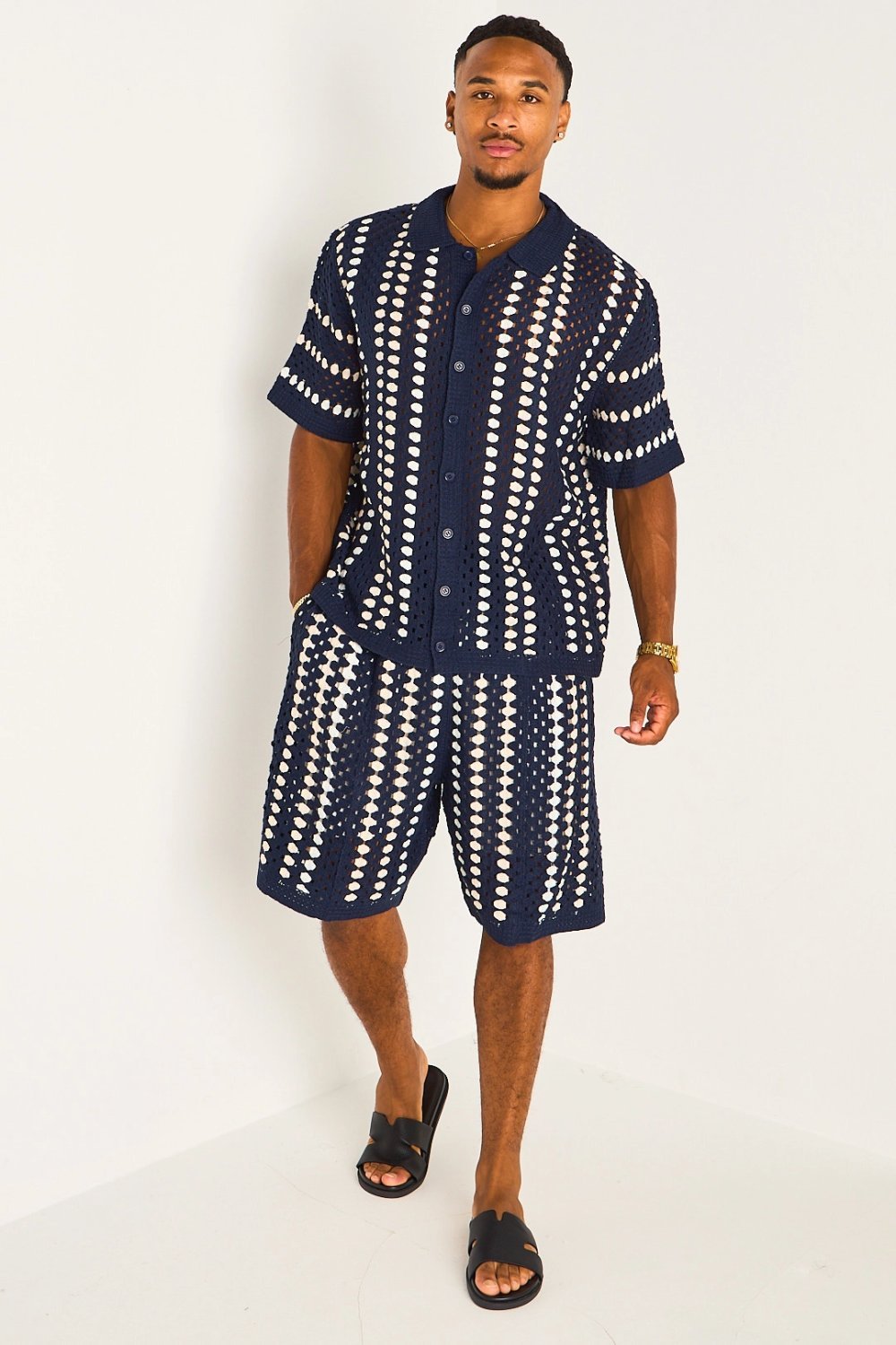 Ensemble chemise et short crochet rayé bleu marine