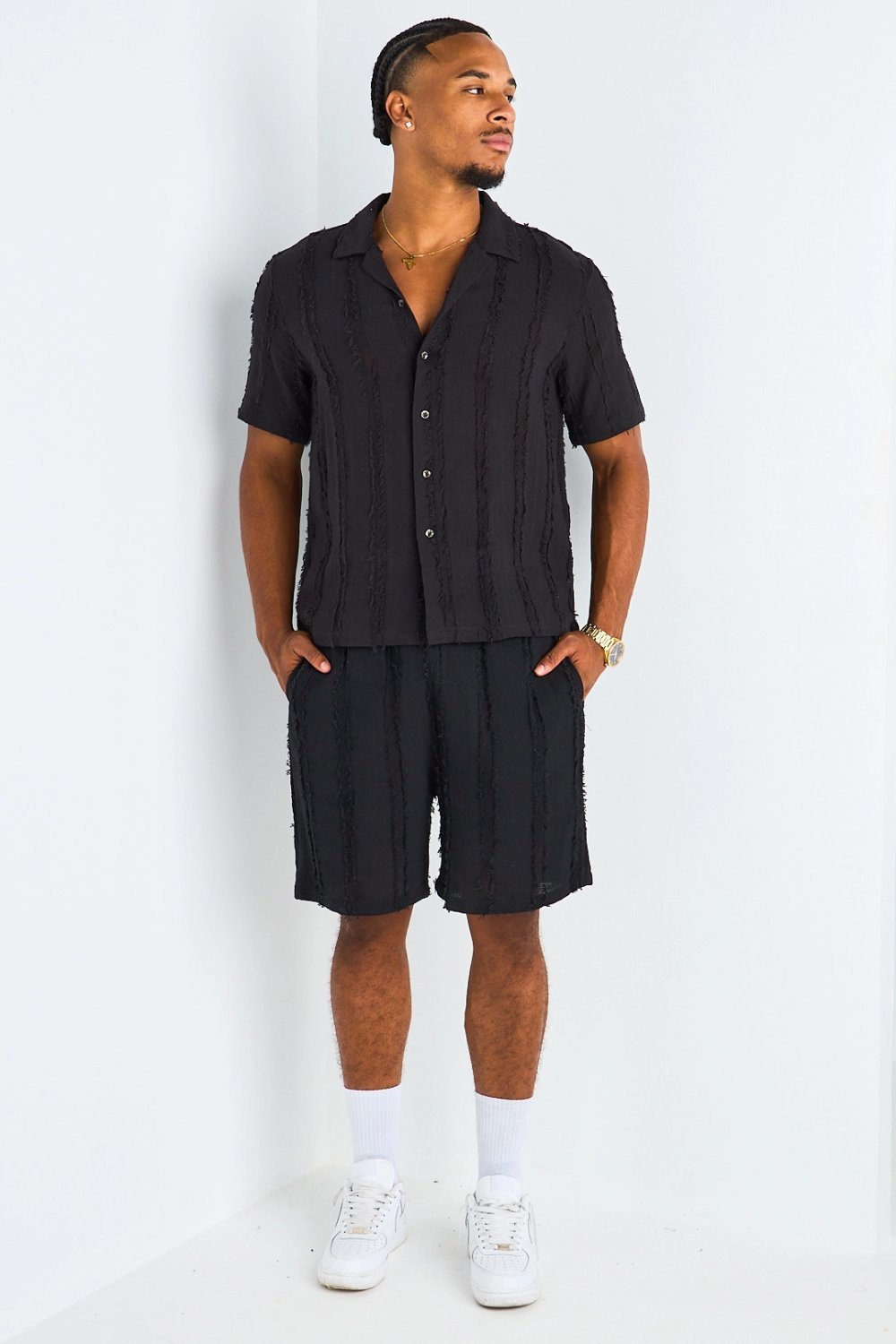 Black openwork shirt and frayed shorts set