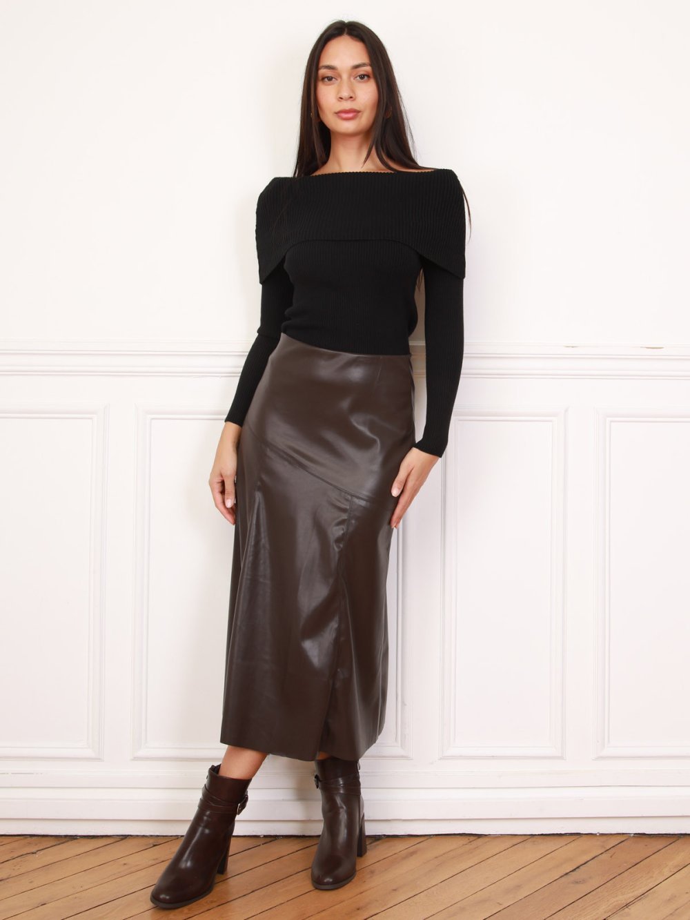 Brown faux leather A-line midi skirt