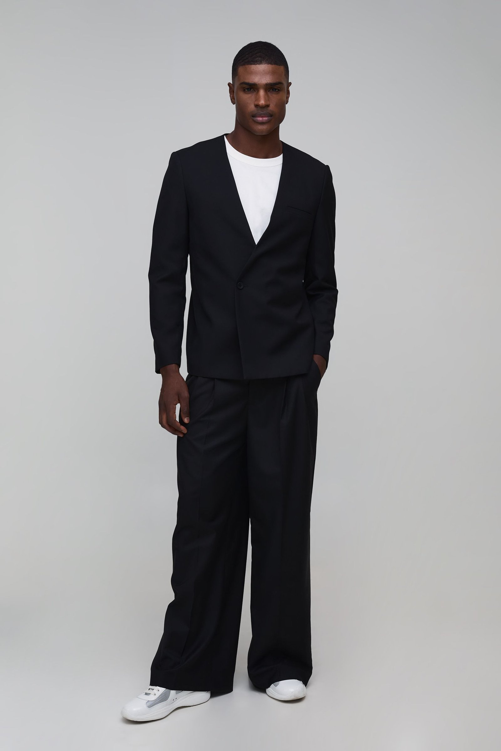 Collarless double breasted suit jacket