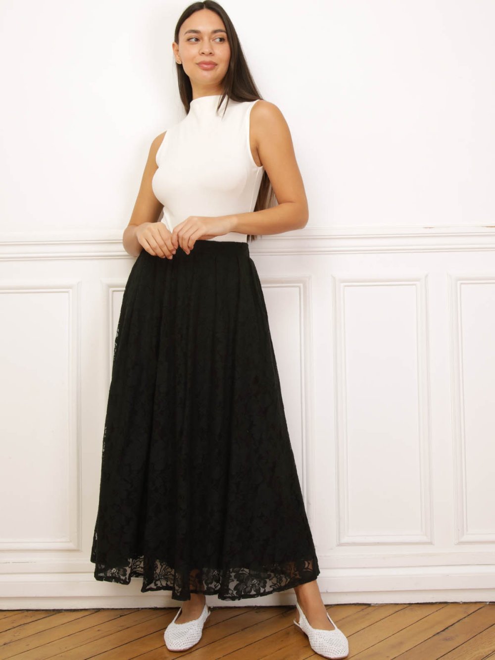 Black pleated lace maxi skirt