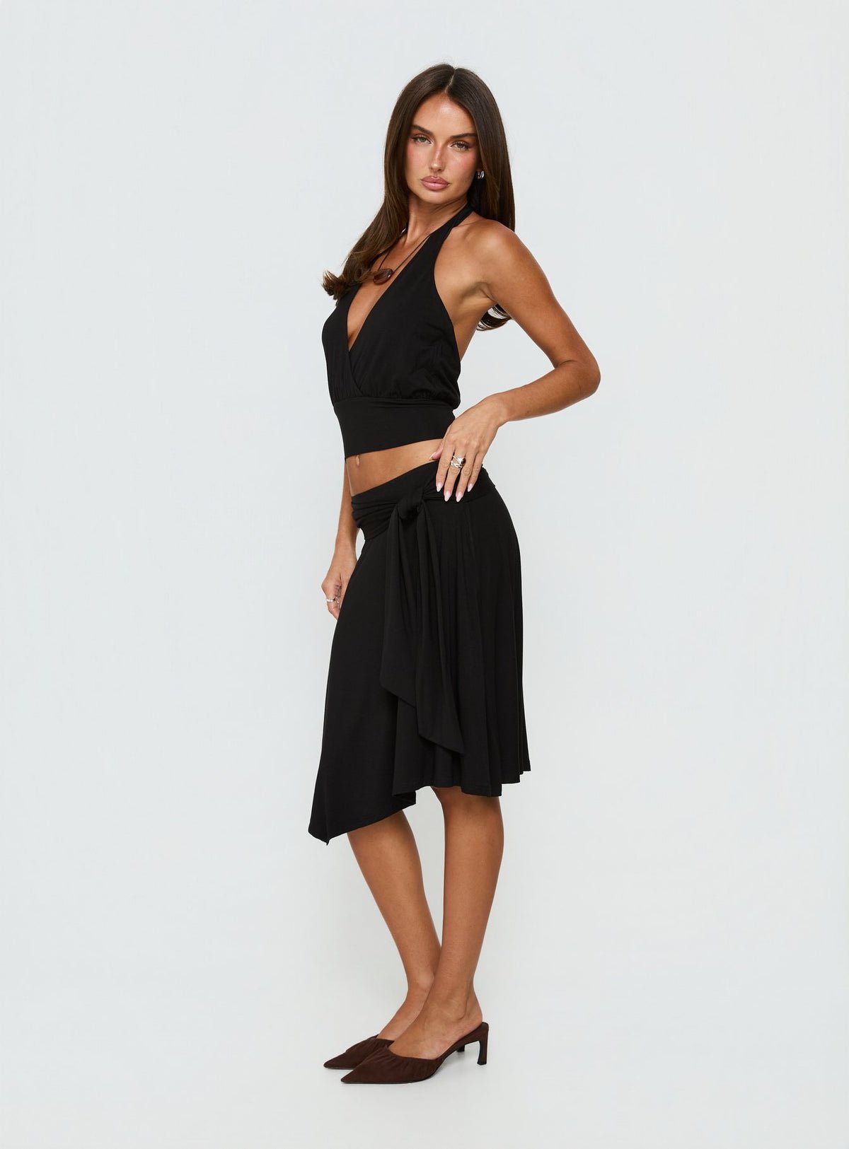 Tie-waist asymmetric midi skirt